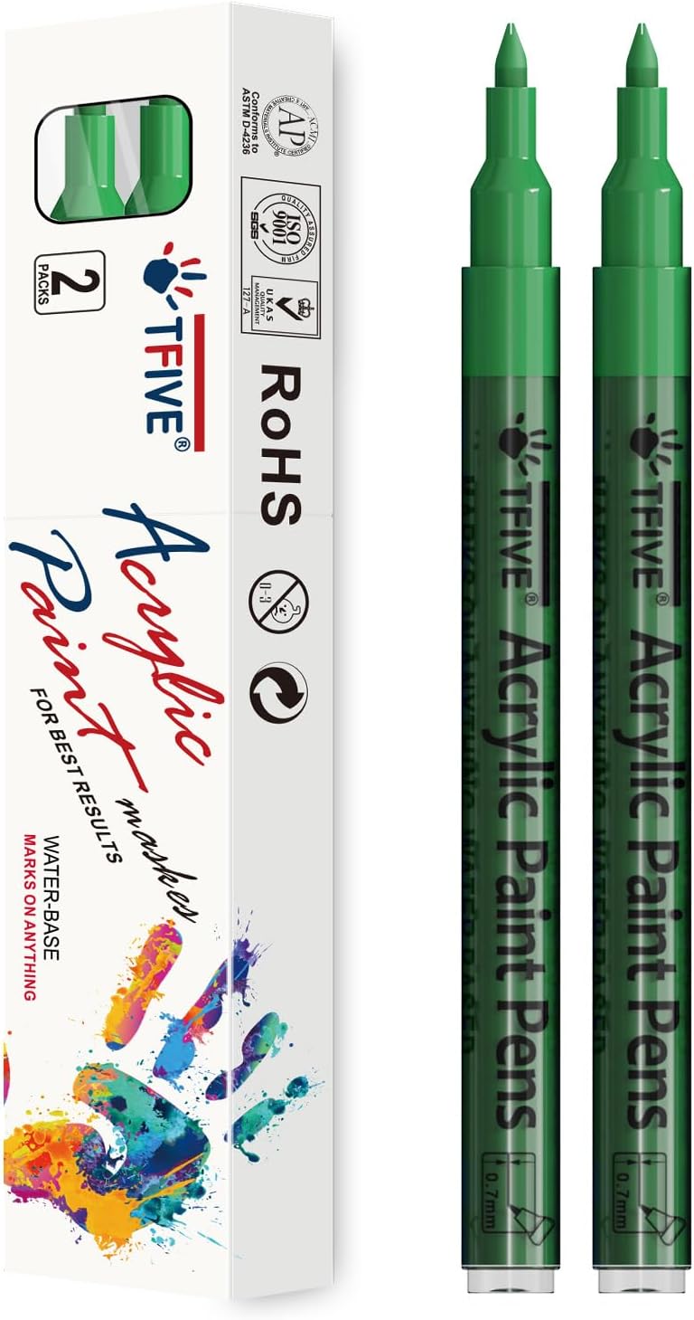 TFIVE Green Paint Pens - 2 Pack Acrylic Permanent Markers, 0.7mm Extra Fine Tip for Art Projects, Drawing, Rock Painting, Ceramic, Glass, Wood, Plastic, Metal, Canvas DIY Crafts - Image 1